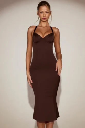 Elyra Satin Sweetheart Bustier Fishtail Midaxi Dress in Chocolate Brown