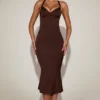 Elyra Satin Sweetheart Bustier Fishtail Midaxi Dress in Chocolate Brown