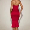 Elyra Satin Sweetheart Bustier Fishtail Midaxi Dress in True Red