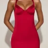 Elyra Satin Sweetheart Bustier Fishtail Midaxi Dress in True Red