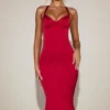 Elyra Satin Sweetheart Bustier Fishtail Midaxi Dress in True Red