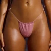 Embellished Swim Drawstring Thong Bikini Bottoms in Pink