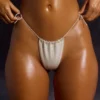 Embellished Swim Drawstring Thong Bikini Bottoms in White