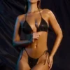 Embellished Swim Drawstring Thong Bikini Bottoms in Black