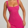 Emilion Embellished Cut Out Mini Dress in Fuschia