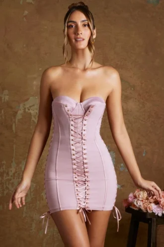Emira Lace Up Corset Bandeau Micro Mini Dress in Mauve