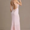Emmeline Chiffon Cowl-Neck Open-Back Gown in Baby Pink