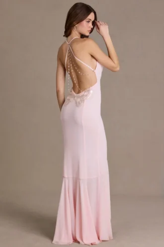 Emmeline Chiffon Cowl-Neck Open-Back Gown in Baby Pink