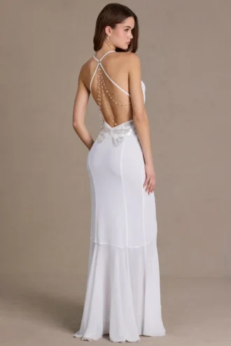 Emmeline Chiffon Cowl-Neck Open-Back Gown in White
