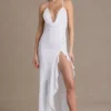 Emmeline Chiffon Cowl-Neck Open-Back Gown in White