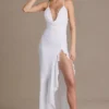 Emmeline Chiffon Cowl-Neck Open-Back Gown in White