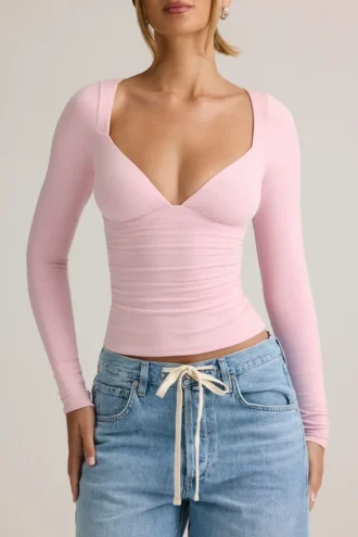 Emry Modal Ruched Long-Sleeve Top in Baby Pink