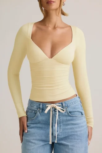 Emry Modal Ruched Long-Sleeve Top in Buttercream Yellow