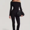 Erisen Modal Off-Shoulder Long-Sleeve Jumpsuit in Black