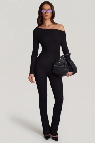 Erisen Modal Off-Shoulder Long-Sleeve Jumpsuit in Black