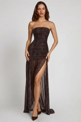 Ersilia Embellished Bandeau Gathered Maxi Dress in Snake Hotfix