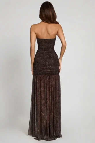 Ersilia Embellished Bandeau Gathered Maxi Dress in Snake Hotfix