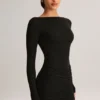 Eska Modal Boat-Neck Draped Long-Sleeve Mini Dress in Black