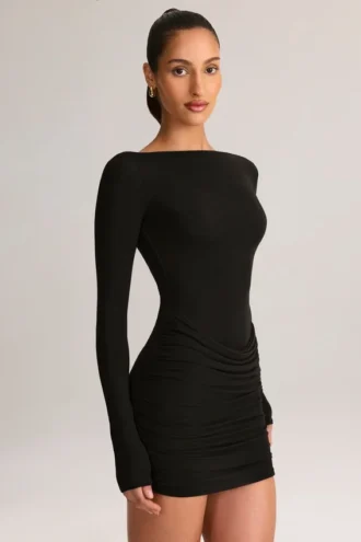 Eska Modal Boat-Neck Draped Long-Sleeve Mini Dress in Black