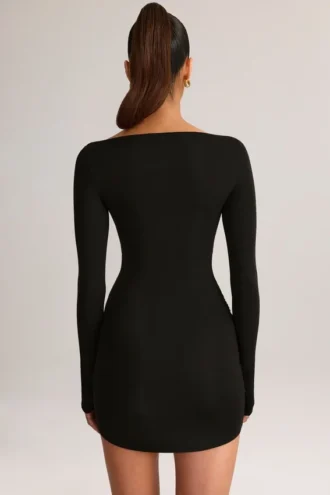 Eska Modal Boat-Neck Draped Long-Sleeve Mini Dress in Black