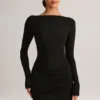 Eska Modal Boat-Neck Draped Long-Sleeve Mini Dress in Black