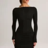 Eska Modal Boat-Neck Draped Long-Sleeve Mini Dress in Black