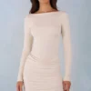 Eska Modal Boat-Neck Draped Long-Sleeve Mini Dress in Ivory