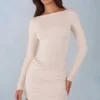 Eska Modal Boat-Neck Draped Long-Sleeve Mini Dress in Ivory