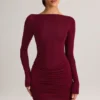 Eska Modal Boat-Neck Draped Long-Sleeve Mini Dress in Wine
