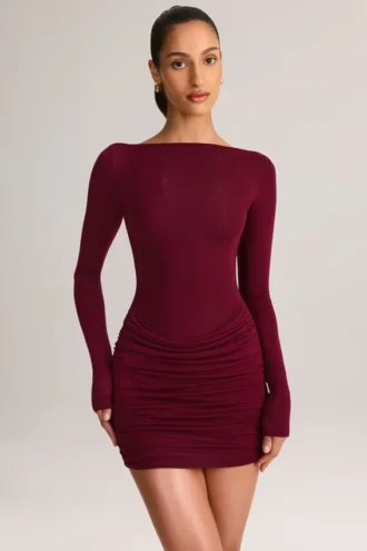 Eska Modal Boat-Neck Draped Long-Sleeve Mini Dress in Wine