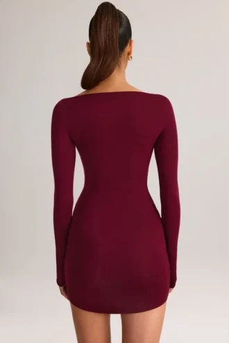 Eska Modal Boat-Neck Draped Long-Sleeve Mini Dress in Wine