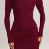 Eska Modal Boat-Neck Draped Long-Sleeve Mini Dress in Wine