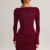 Eska Modal Boat-Neck Draped Long-Sleeve Mini Dress in Wine