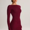 Eska Modal Boat-Neck Draped Long-Sleeve Mini Dress in Wine
