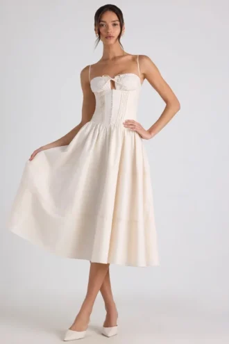 Esmeralda Lace-Trim Pintucked Poplin Midaxi Dress in Ivory