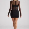 Essie Sheer Panelled Long Sleeve Mini Dress in Black