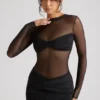 Essie Sheer Panelled Long Sleeve Mini Dress in Black