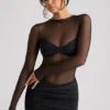 Essie Sheer Panelled Long Sleeve Mini Dress in Black