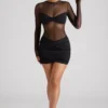 Essie Sheer Panelled Long Sleeve Mini Dress in Black