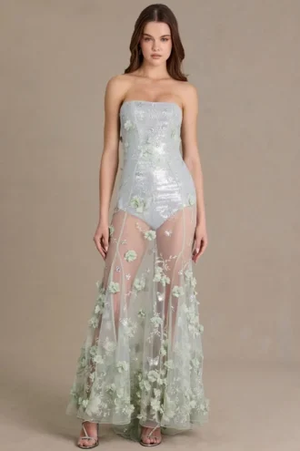 Estella Embellished Tulle Corset Gown in Sage Green