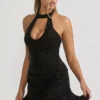Ethelie Embellished Draped Corset A-Line Mini Dress in Black