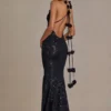Etoile Embellished Plunge Open-Back Gown in Black