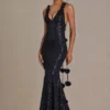Etoile Embellished Plunge Open-Back Gown in Black