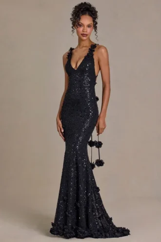 Etoile Embellished Plunge Open-Back Gown in Black
