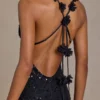 Etoile Embellished Plunge Open-Back Gown in Black