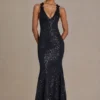 Etoile Embellished Plunge Open-Back Gown in Black
