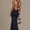 Etoile Embellished Plunge Open-Back Gown in Black