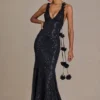 Etoile Embellished Plunge Open-Back Gown in Black