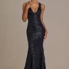 Etoile Embellished Plunge Open-Back Gown in Black