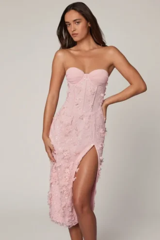 Eudora Lace-Up Corset Midaxi Dress with Split in Soft Pink